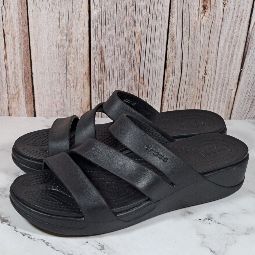 Crocs Monterey Black Strappy Platform Wedge Slipon Sandals Women's Size 11 (EUC)